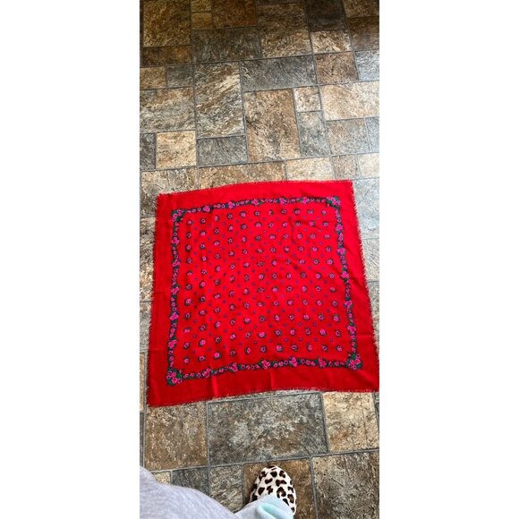 Vintage 1970’s LAINE 100% Wool Red Floral Scarf Handprinted Japan CA 00098 - Picture 8 of 9